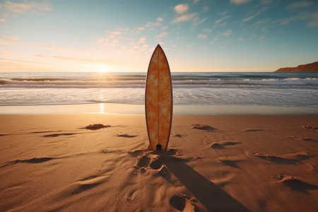 surfboard in coastal sand at sunset against a skyの素材