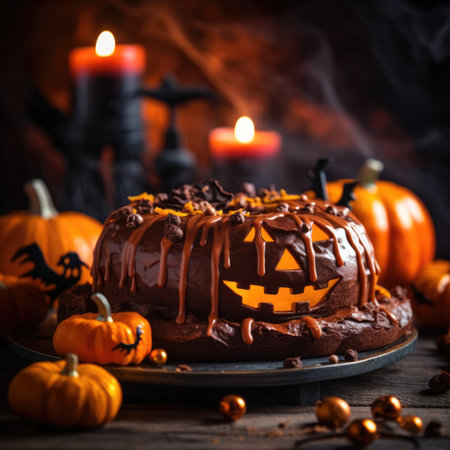 Halloween scary pumpkin cake and halloween candles. halloween background.の素材