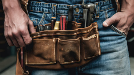 Labor Day. Hand tools lie in the masters belt bag, close-up. labor and employment concept.の素材