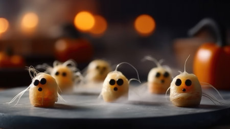 homemade canapes and slices of cheese with vegetables stylized as Halloween. candles, bats and pumpkinsの素材