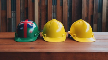 builder and architect helmets on a wooden table with a flag print. labor day in Australia.の素材