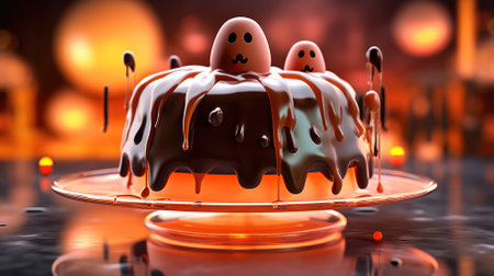 chocolate cake with icing and ghosts. candles, bats and pumpkins. halloween backgroundの素材