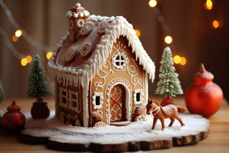 gingerbread house with powdered sugar for Christmas on festive background. holiday concept.の素材