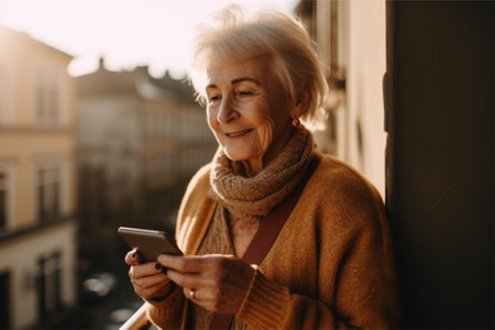 Happy mature woman enjoying mobile apps, texting, holding smartphone, looking at mobile phone screen, browsing social media at home.の素材