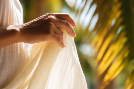 a womans hand holds a light white transparent fabric fluttering in the wind against the backdrop of the sea and palm trees .の素材
