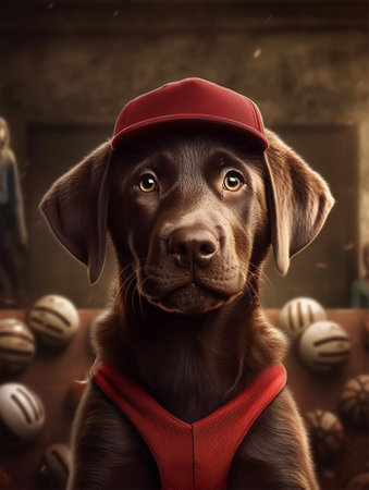 cute labrador in the form of a football player with a soccer ball against the background of a blurred image of many ballsの素材