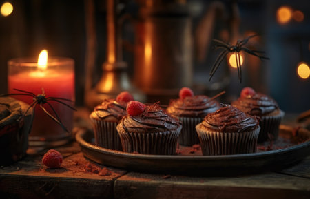 homemade pancakes stylized for Halloween. candles, bats and pumpkins. halloween background.の素材