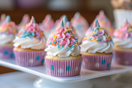 Close-up of a delicious cupcake with pastel colored cream on a white serving background.の素材