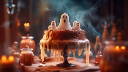 chocolate cake with icing and ghosts. candles, bats and pumpkins. halloween backgroundの素材