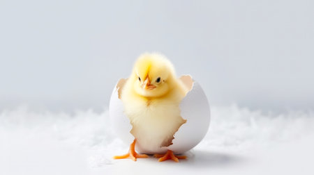 small yellow chicken in a shell on a light background. postcard with copy space, easter concept.の素材