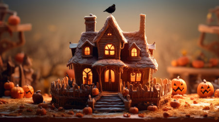 chocolate gingerbread house decorated with chocolate icing and orange marzipan pumpkins around the house. happy halloween.の素材