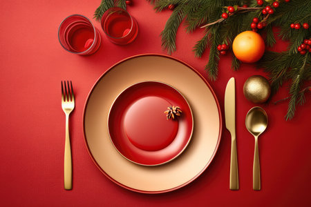 Christmas table setting, red plates and golden forks on the table, top viewの素材
