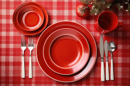 Christmas table setting in red tones, top viewの素材