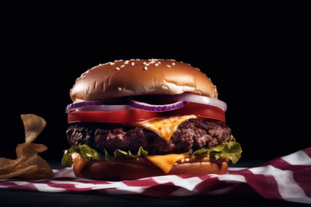Juicy grilled hamburger on USA flag background. Generative AIの素材