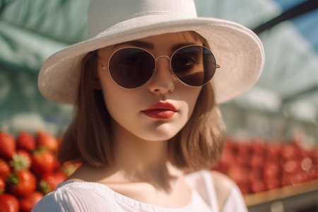 young beautiful woman in glasses, a hat and a white dress against the background of rows of strawberries at a farmers marketの素材