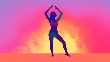 Silhouette of a woman doing yoga on a colored background.the concept of health and self-care.の素材