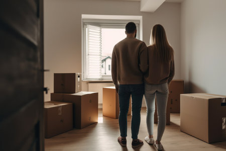 young couple in empty room with moving boxes. Mortgage, family, property insurance concept.の素材
