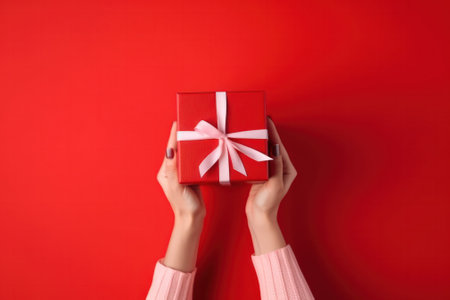 Womens hands give a gift on a red background. the concept of Christmas and New Year. copyspace. generative AIの素材