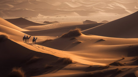 Camel travelers cross a vast and arid desert with sunset in the background. A sandstorm begins.の素材
