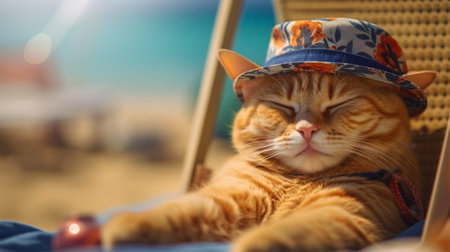 a red-haired imposing cat in a straw hat with a picture on a sandy beach among sun loungers and umbrellas under the sun. concept of rest and relaxation.の素材