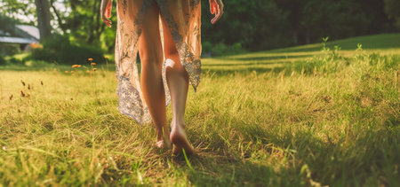 a woman walks barefoot on meadow green grass. close-up.A woman walks barefoot in nature, the concept of grounding, health and unity with nature.の素材
