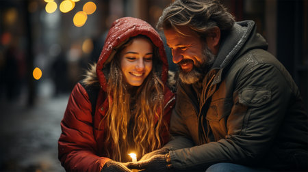 happy girl with her father on the street lit a candle on Christmas night and make a wish.の素材
