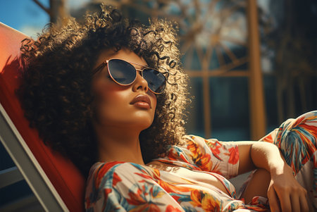 A beautiful african american woman in sunglasses and a red dress lies on a sun lounger by the pool. concept of relaxation and travelの素材