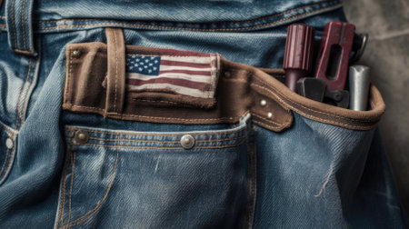 Labor Day. Hand tools lie in the masters belt bag, close-up. labor and employment concept.の素材