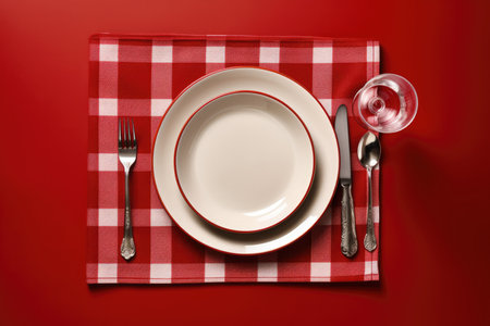 table setting on a festive New Years table in red colors. flat lay.の素材
