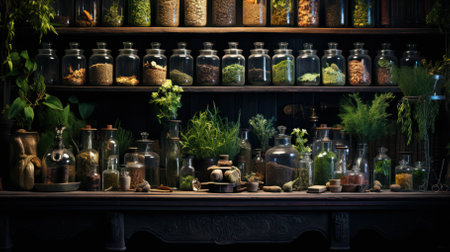 shelves with many glass bottles and herbs in a room or greenhouse .Herbal apothecary aesthetics.rustic style. home of a healer or medicine man.の素材