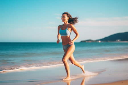 athletic beautiful young woman runs along the beach, goes in for sports in sportswear.の素材