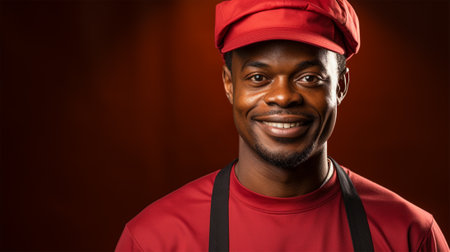 Portrait of a smiling african american male chef isolated on solid red background. Banner, copy space.の素材