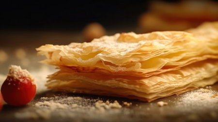 pastry from Puff pastry, cookies with filling on the table in a rustic kitchen. close up side viewの素材