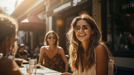 Happy young girlfriends at a table in a cafe on the street on a sunny day.の素材