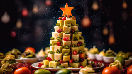Christmas tree made of cheese and vegetables with a star. photo of christmas food.の素材
