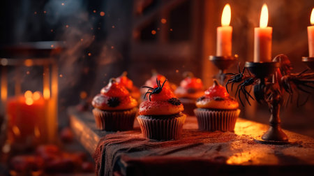 homemade pancakes stylized for Halloween. candles, bats and pumpkins. halloween background.の素材
