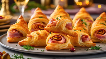 Christmas trees made of puff pastry with ham and rosemary sprig. dish for the Christmas table.の素材