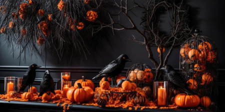 shop selling Halloween accessories and pumpkins. stylized showroom with ghosts and spidersの素材