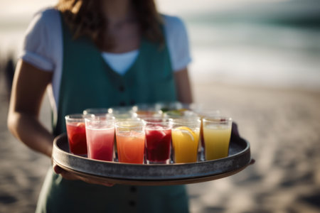waiter girl holding cocktails and soft drinks on a tray against the backdrop of the sea.の素材