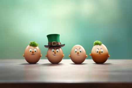eggs in the form of a leprechaun with green caps and gold on a wooden table on a blurred background. . patricks dayの素材