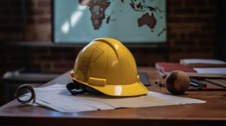 architect helmet on a wooden table against the backdrop of a world map. international labor day. High quality photoの素材