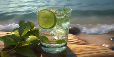 refreshing and cooling drink with lemon and cucumber on a wooden table on the coast against the backdrop of the sea.の素材