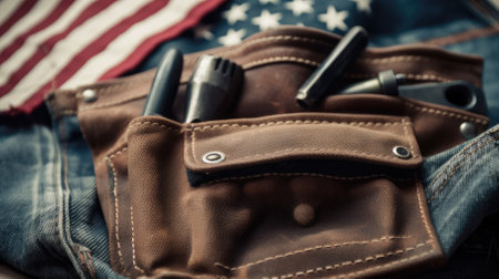 Labor Day. Hand tools lie in the masters belt bag, close-up. labor and employment concept.の素材