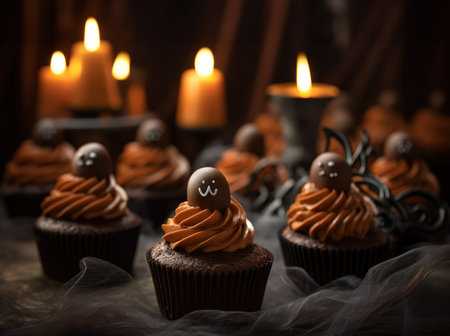 homemade pancakes stylized for Halloween. candles, bats and pumpkins. halloween background.の素材
