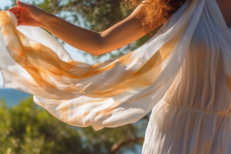 a womans hand holds a light white transparent fabric fluttering in the wind against the backdrop of the sea and palm trees .の素材