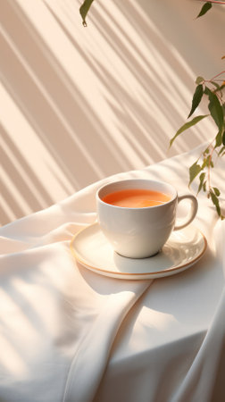 a cup of coffee on a white tablecloth in the morning sun.の素材