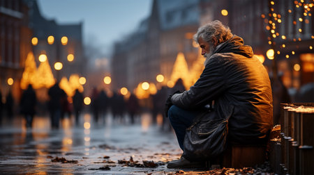 a destitute man sits against the backdrop of a bright festive city illumination.the concept of loneliness and social supportの素材