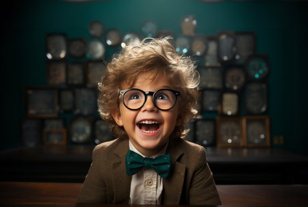 A cheerful schoolboy in glasses in a school audience against the background of a wall with diplomas. back to school.の素材