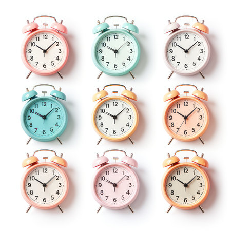 Alarm clocks in pastel colors on a white background.の素材
