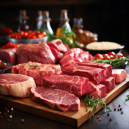 meat counter with a variety of meat products.の素材